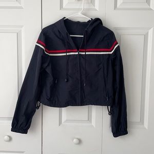 Navy Blue Windbreaker with Red and White Details